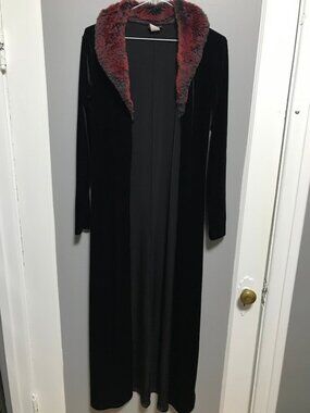 90s Y2K Goth Black Velvet Duster with Red Faux Fur Trim SMALL